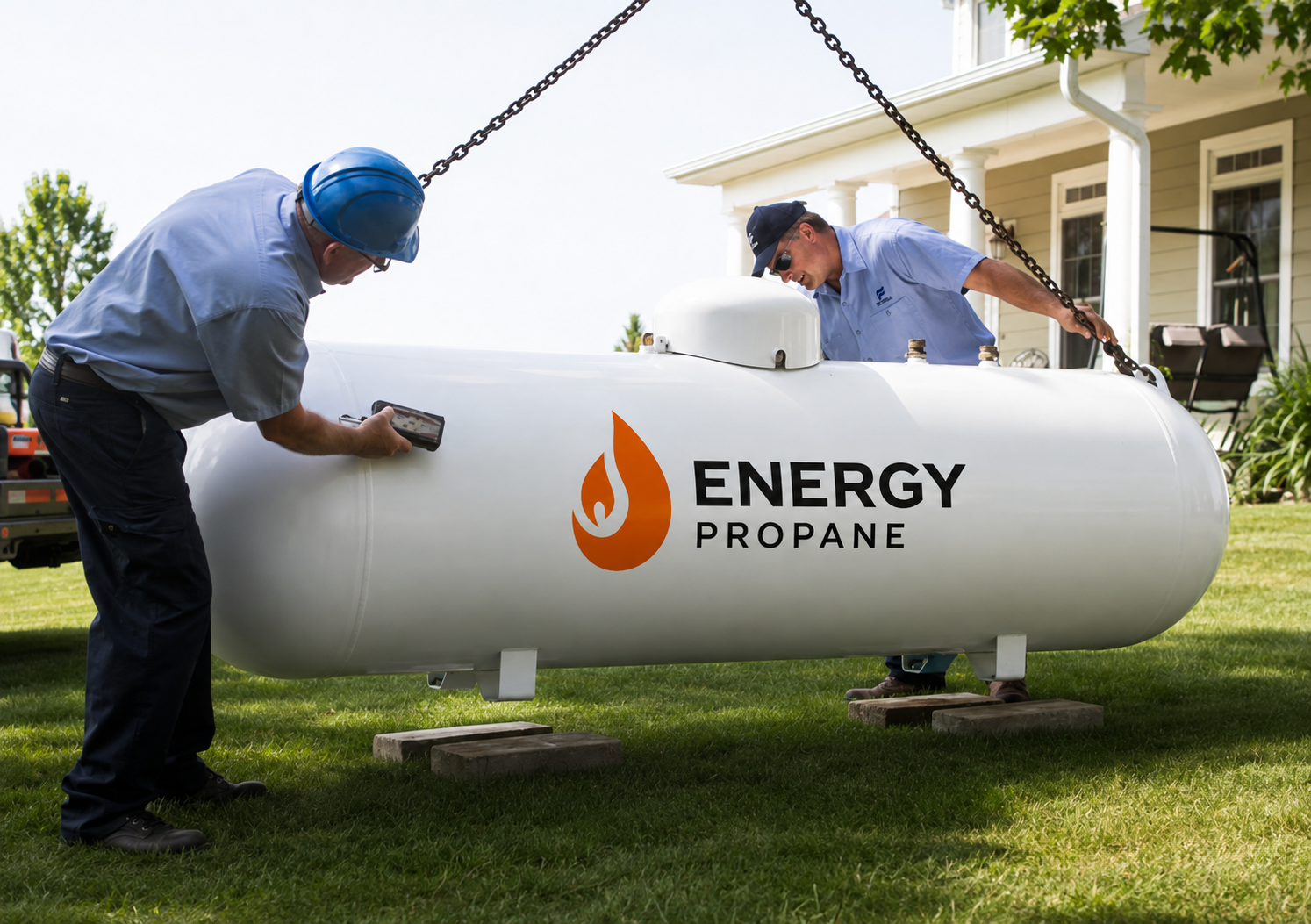 Two Energy Propane installers setting a branded tank on a residential property.