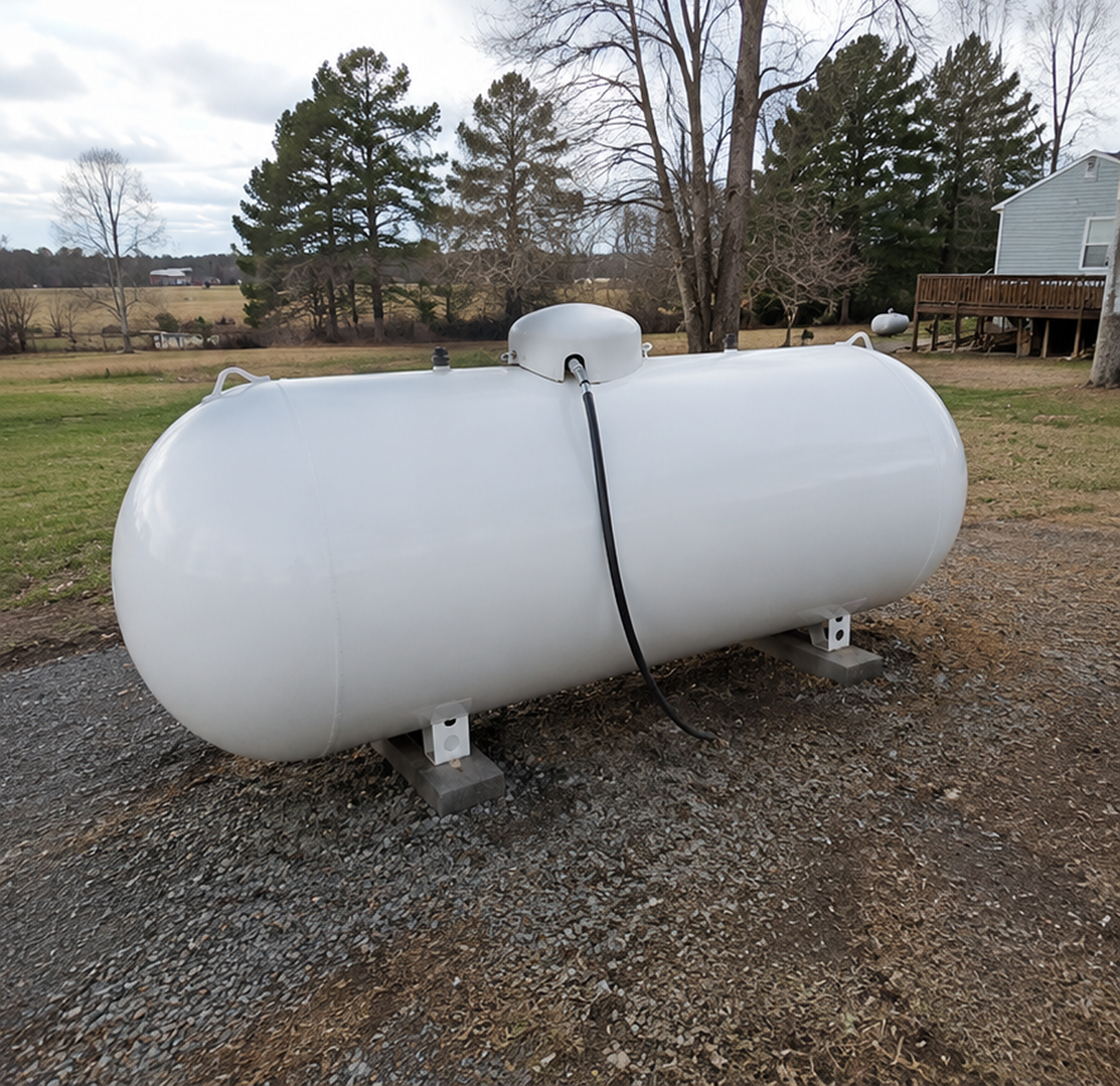 A residential propane tank freshly set on a gravel pad.