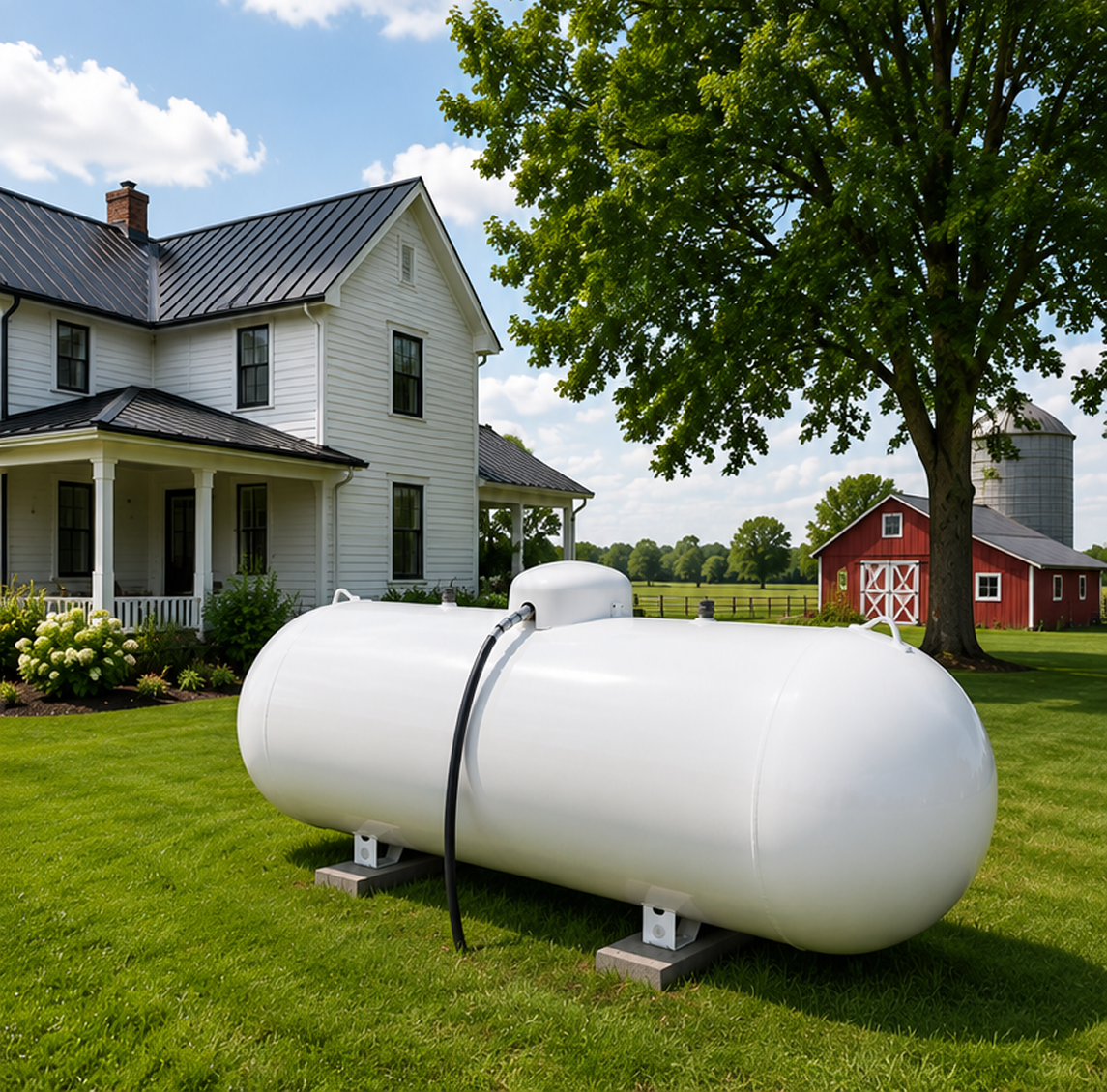 A residential propane tank set on a rural property near a farmhouse.