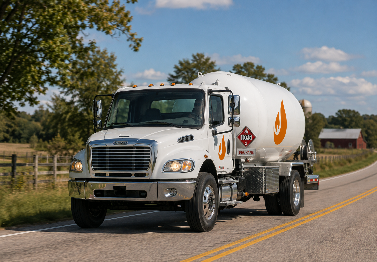 An Energy Propane delivery truck parked on a farm road, red barn behind.