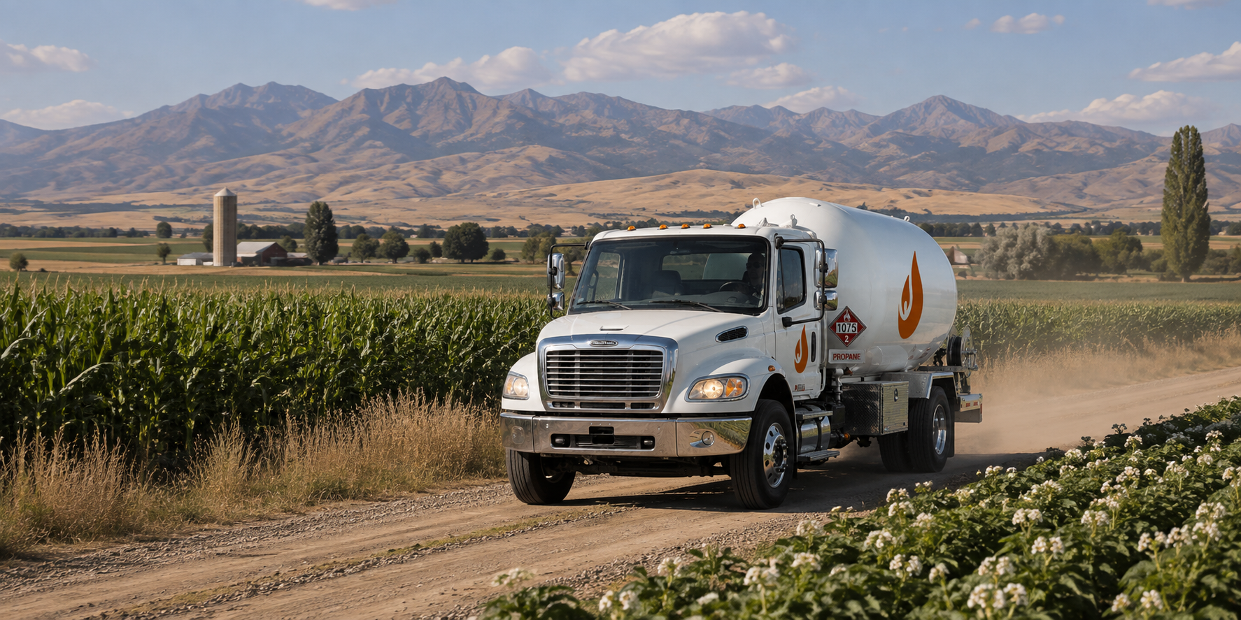 An Energy Propane delivery truck on a dirt road through the valley, mountains behind.